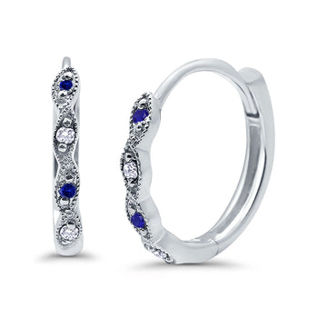 Huggie Hoop Earrings Round Simulated Blue Sapphire CZ 925 Sterling Silver (14mm)